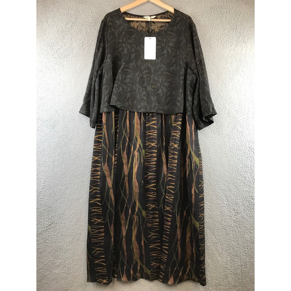 BUYKUD Two Tone Patterned Midi Dress Women's‎ Boho Casual Earth Tone size L